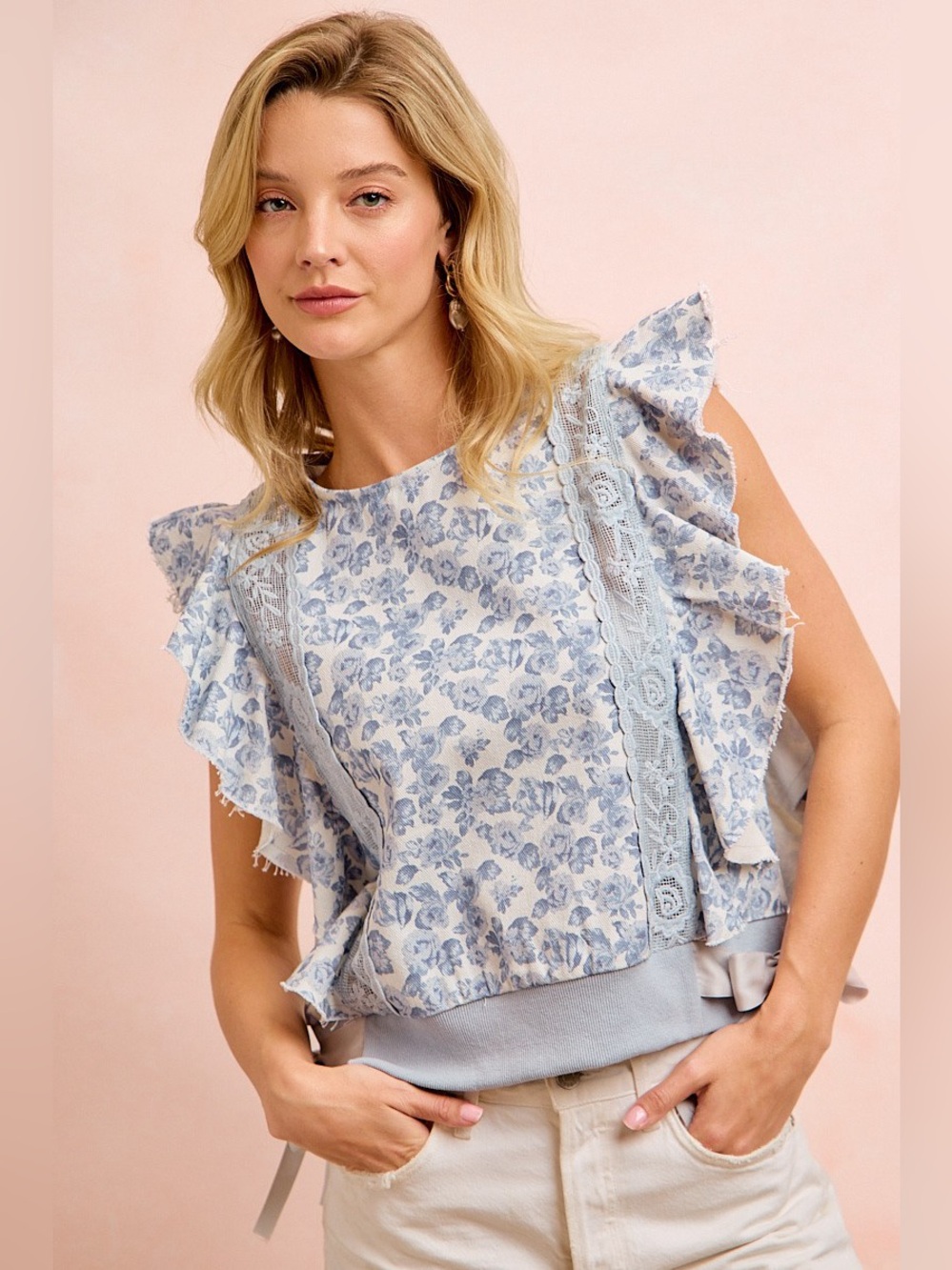 BiBi Floral Printed Twill Lace Trim Detail Side Bow Tied Top 🛍️